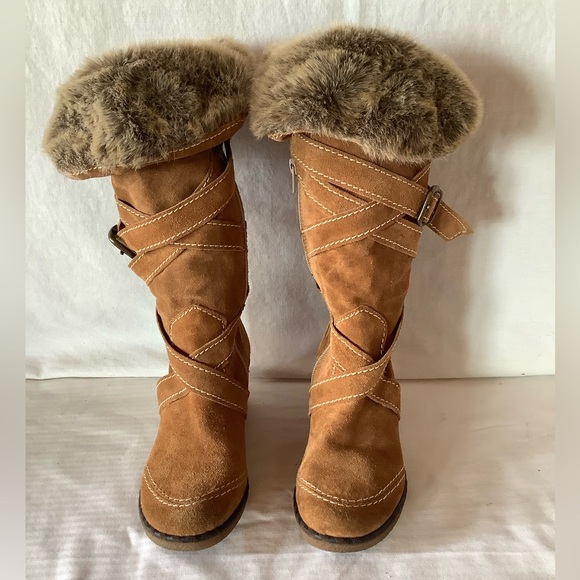 Suede wedge heel boot faux fur top size 7 - Picture 3 of 10